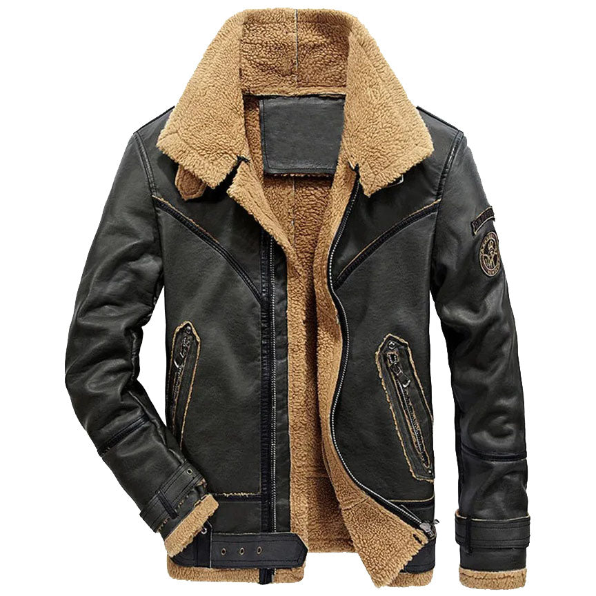 Black Sheepskin Biker Jacket - Shearling Collar Jacket