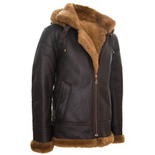 Load image into Gallery viewer, Mens Brown Shearling Sheepskin Coat With Detachable Hood
