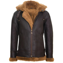 Load image into Gallery viewer, Mens Brown Shearling Sheepskin Coat With Detachable Hood