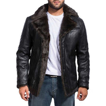 Load image into Gallery viewer, Men&#39;s Black Sheepskin Bomber Jacket - Shearling Fur Coat
