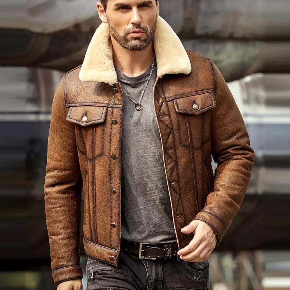Brown RAF B3 Sheepskin Trucker Jacket | Shearling Leather Coat