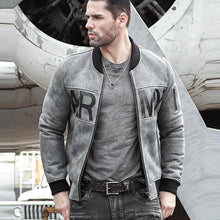 Load image into Gallery viewer, Grey Sheepskin Army Shearling Bomber Jacket