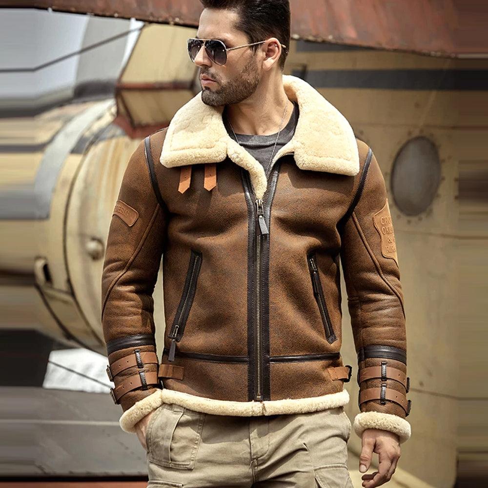 B3 Airforce Sheepskin Leather Jacket Men's Shearling Coat
