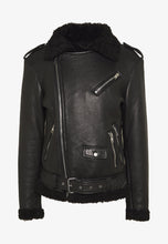 Load image into Gallery viewer, Men's Black Leather Black Shearling Biker Jacket