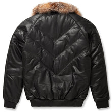 Load image into Gallery viewer, V-Bomber Jacket Black Leather w/ Crystal Fox Fur - Bubble Jacket