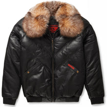 Load image into Gallery viewer, V-Bomber Jacket Black Leather w/ Crystal Fox Fur - Bubble Jacket