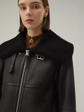 Load image into Gallery viewer, Women’s Matte Black Leather White Shearling Coat Jacket