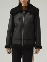 Load image into Gallery viewer, Women’s Matte Black Leather White Shearling Coat Jacket