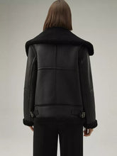 Load image into Gallery viewer, Women’s Matte Black Leather White Shearling Coat Jacket