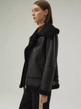 Load image into Gallery viewer, Women’s Matte Black Leather White Shearling Coat Jacket