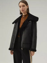 Load image into Gallery viewer, Women’s Matte Black Leather White Shearling Coat Jacket