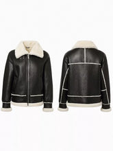 Load image into Gallery viewer, Women’s Black Leather White Shearling Collar Fur Jacket