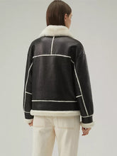 Load image into Gallery viewer, Women’s Black Leather White Shearling Collar Fur Jacket