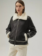 Load image into Gallery viewer, Women’s Black Leather White Shearling Collar Fur Jacket