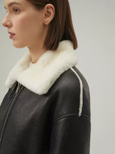 Load image into Gallery viewer, Women’s Black Leather White Shearling Collar Fur Jacket