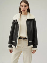 Load image into Gallery viewer, Women’s Black Leather White Shearling Collar Fur Jacket