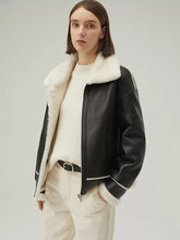Load image into Gallery viewer, Women’s Black Leather White Shearling Collar Fur Jacket
