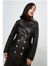 Load image into Gallery viewer, Women’s Black Sheepskin Leather Trench Coat Golden Buttons