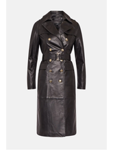Load image into Gallery viewer, Women’s Black Sheepskin Leather Trench Coat Golden Buttons
