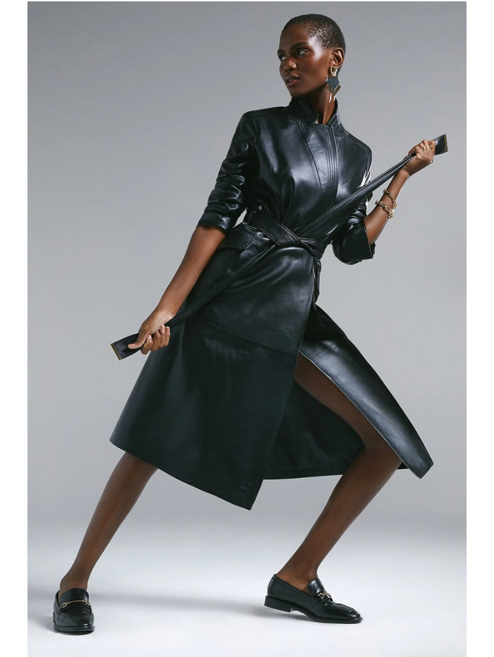 Women s Black Sheepskin Genuine Leather Trench Coat With Belt