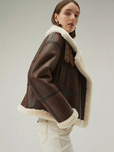 Load image into Gallery viewer, Women’s Chocolate Brown Leather Shearling Aviator Jacket