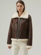 Load image into Gallery viewer, Women’s Chocolate Brown Leather Shearling Aviator Jacket