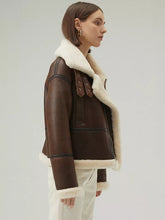 Load image into Gallery viewer, Women’s Chocolate Brown Leather Shearling Aviator Jacket