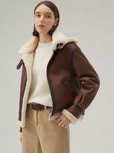 Load image into Gallery viewer, Women’s Chocolate Brown Leather Shearling Jacket With Removable Hood