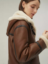 Load image into Gallery viewer, Women’s Chocolate Brown Leather Shearling Jacket With Removable Hood