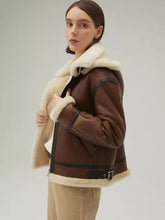 Load image into Gallery viewer, Women’s Chocolate Brown Leather Shearling Jacket With Removable Hood