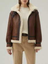 Load image into Gallery viewer, Women’s Chocolate Brown Leather Shearling Jacket With Removable Hood