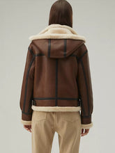 Load image into Gallery viewer, Women’s Chocolate Brown Leather Shearling Jacket With Removable Hood