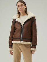 Load image into Gallery viewer, Women’s Chocolate Brown Leather Shearling Jacket With Removable Hood