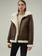 Load image into Gallery viewer, Women’s Chocolate Brown Leather Shearling Removable Hood Coat