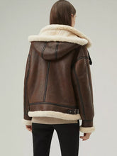 Load image into Gallery viewer, Women’s Chocolate Brown Leather Shearling Removable Hood Coat