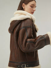 Load image into Gallery viewer, Women’s Chocolate Brown Leather Shearling Removable Hood Coat