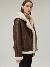 Load image into Gallery viewer, Women’s Chocolate Brown Leather Shearling Removable Hood Coat