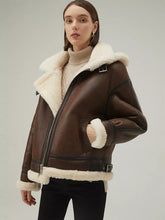 Load image into Gallery viewer, Women’s Chocolate Brown Leather Shearling Removable Hood Coat