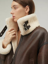 Load image into Gallery viewer, Women’s Dark Brown Leather Shearling Coat Jacket