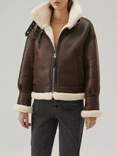 Load image into Gallery viewer, Women’s Dark Brown Leather Shearling Coat Jacket