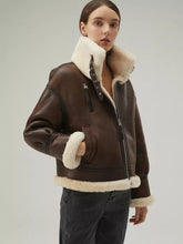 Load image into Gallery viewer, Women’s Dark Brown Leather Shearling Coat Jacket