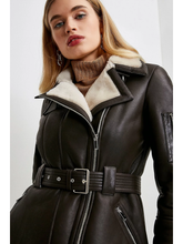 Load image into Gallery viewer, Women’s Dark Brown Leather White Shearling Coat Jacket