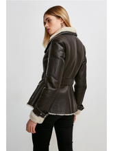 Load image into Gallery viewer, Women’s Dark Brown Leather White Shearling Coat Jacket