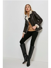 Load image into Gallery viewer, Women’s Dark Brown Leather White Shearling Coat Jacket