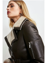 Load image into Gallery viewer, Women’s Dark Brown Leather White Shearling Coat Jacket