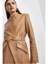Load image into Gallery viewer, Women’s Tan Beige Sheepskin Leather Trench Coat With Belt