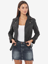 Load image into Gallery viewer, Women's Black Genuine Leather Motorcycle Jacket
