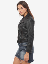 Load image into Gallery viewer, Women's Black Genuine Leather Motorcycle Jacket