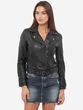 Load image into Gallery viewer, Women's Black Genuine Leather Motorcycle Jacket