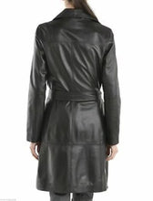 Load image into Gallery viewer, Women's Black Leather Double Breasted Trench Long Coat